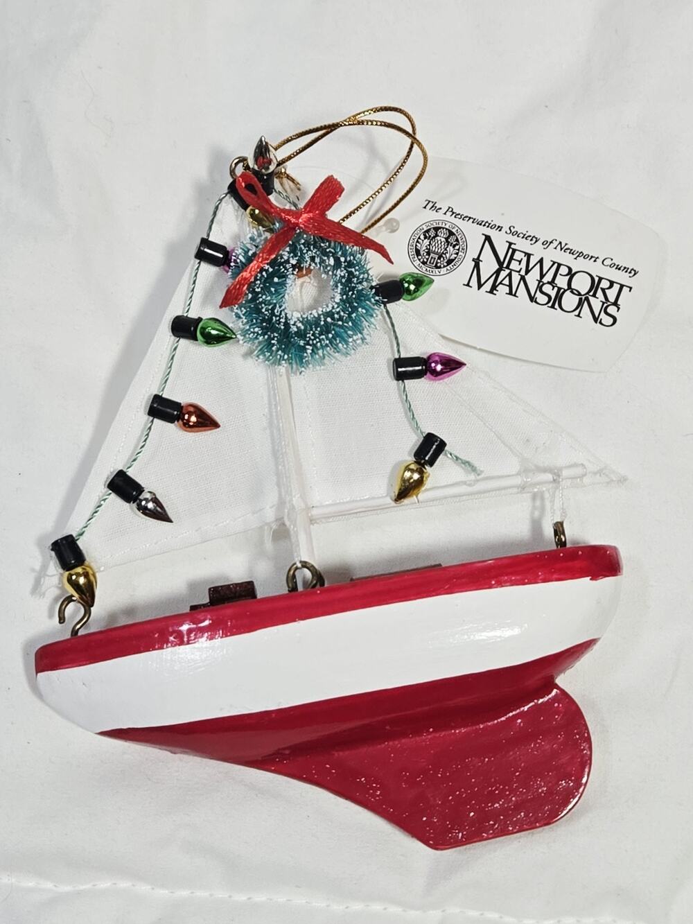 Wood Sailboat Ligths Garland Christmas Ornament White Holiday Decor Sailor Vtg